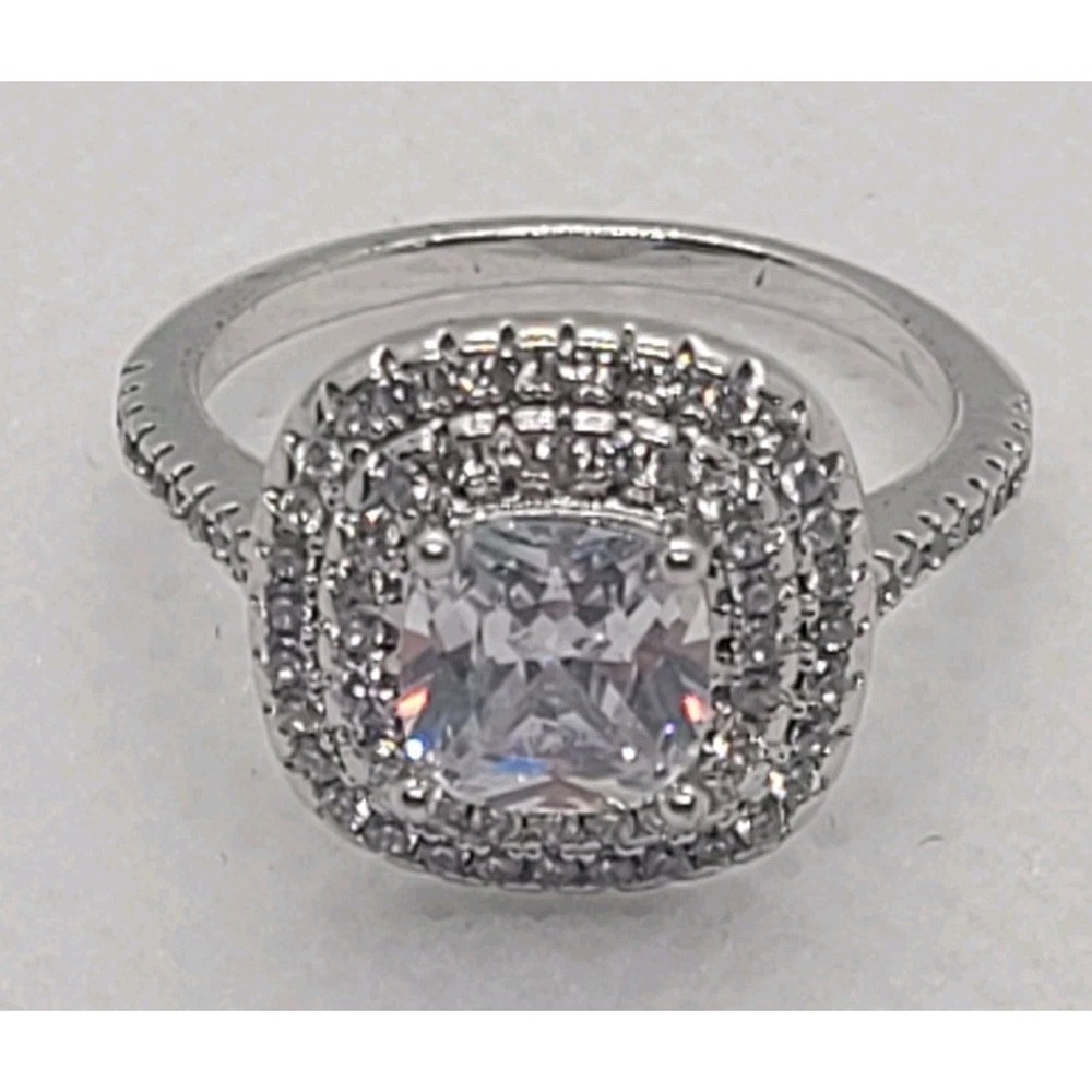 Silver Tone Cushion Cut Clear Crystal Double Halo Pave Split Shank Ring Sz 5